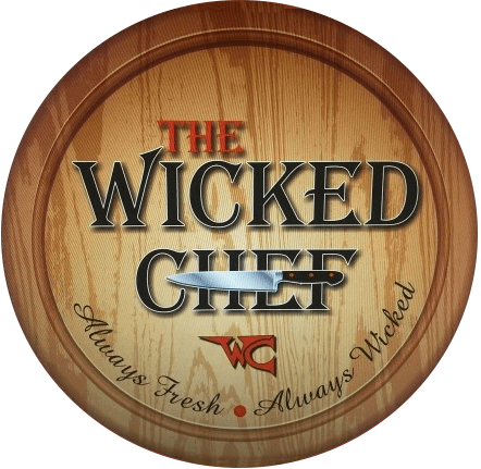 A wooden sign that says the wicked chef.